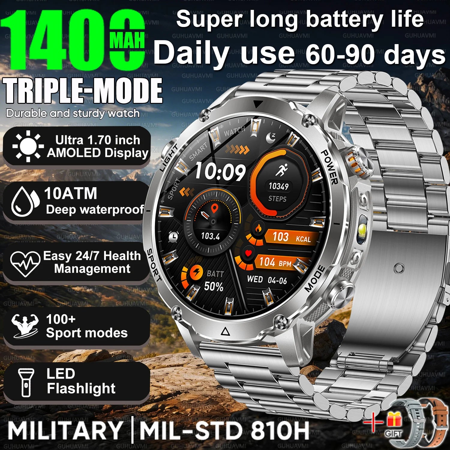 Newly Durable 1400mAh Large Battery Smart Watch Men 1.7" HD Screen IP68K Waterproof LED Flashlight Sports BT Call Smart Bracelet