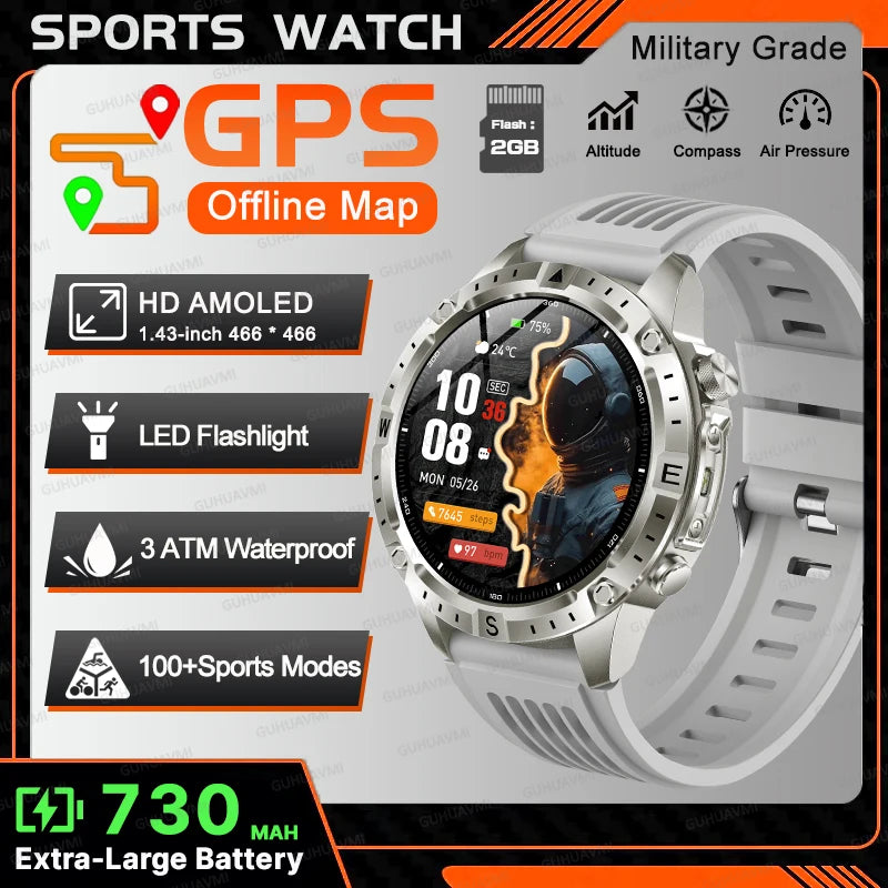 2026New Outdoor Military GPS Navigation Men SmartWatch Offline Map 2GB RAM 730 mAh Compass Flashlight 1.43" AMOLED HD Call Watch