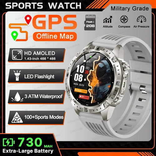 2026New Outdoor Military GPS Navigation Men SmartWatch Offline Map 2GB RAM 730 mAh Compass Flashlight 1.43" AMOLED HD Call Watch