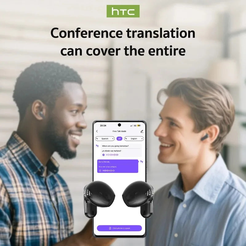 Translator HTC NE20 New Bluetooth 6.0 Wireless Headphones Translation Earphones IPX4 Waterproof Rating Long Battery Life