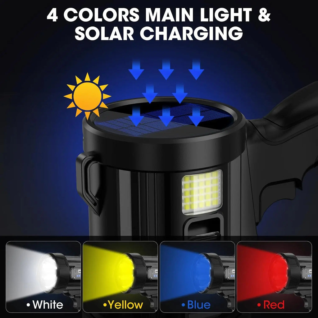 Rechargeable Spotlight, 99K Lumens Super Bright LED Flashlight with Solar Panel for Outdoor Camping Boating