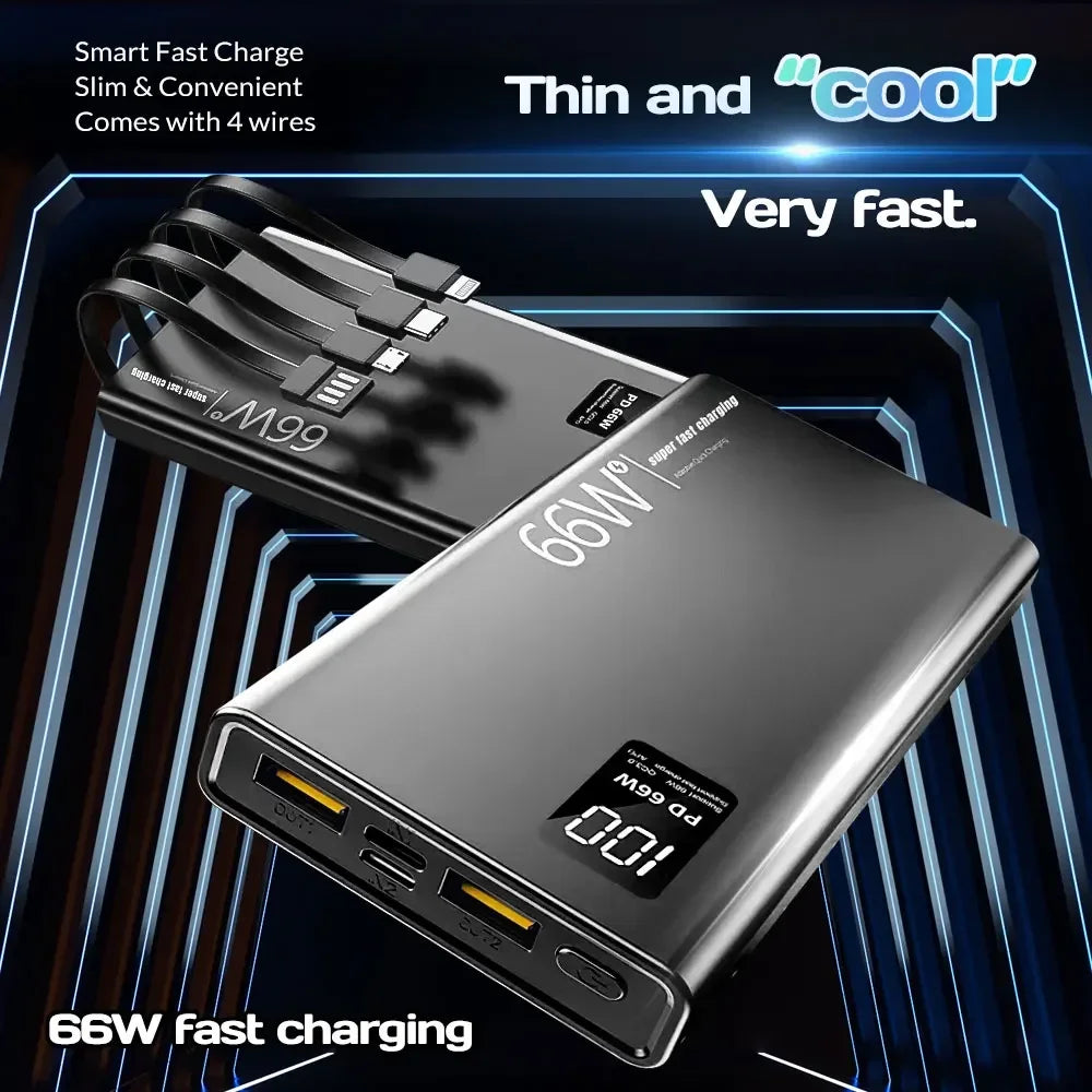 100000mAh Power Bank For Xiaomi iPhone Samsung 66W Super Fast Charging For 22.5W  Built-in 4 Cables Portable Digital Powerbank