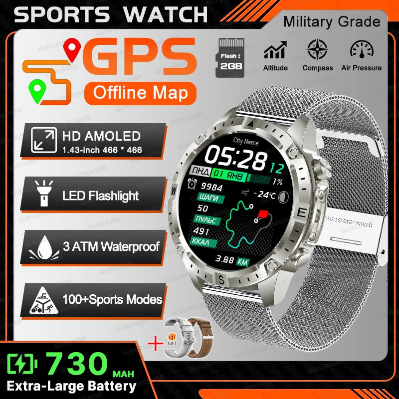 2026New Outdoor Military GPS Navigation Men SmartWatch Offline Map 2GB RAM 730 mAh Compass Flashlight 1.43" AMOLED HD Call Watch