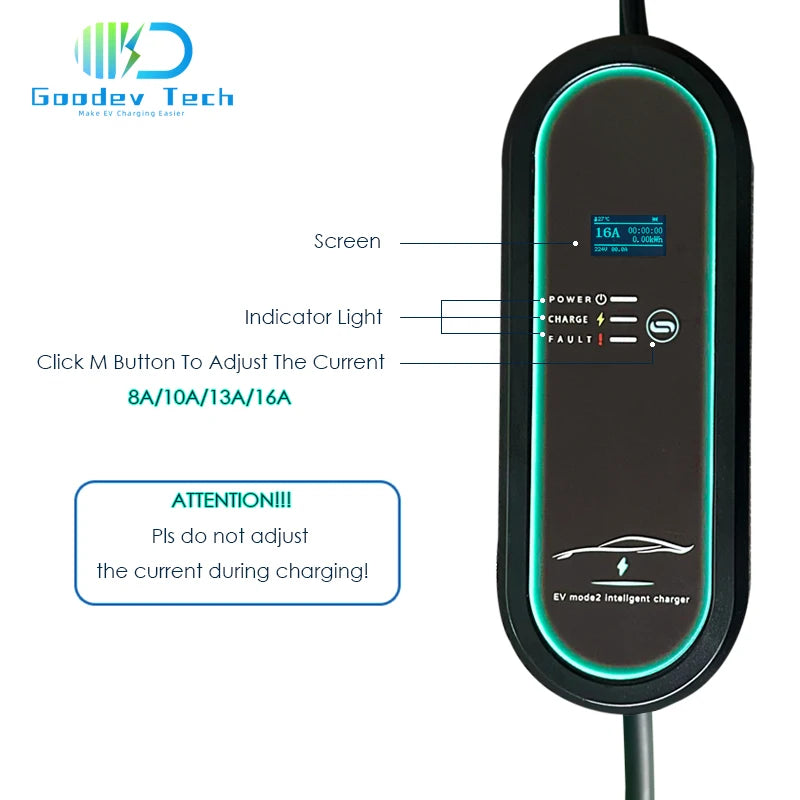 Portable Type 2 EV Charger 16A 220V 3KW-3.7KW with 5M TPE Cable EU Schuko Connector for Electric Car Home Charging