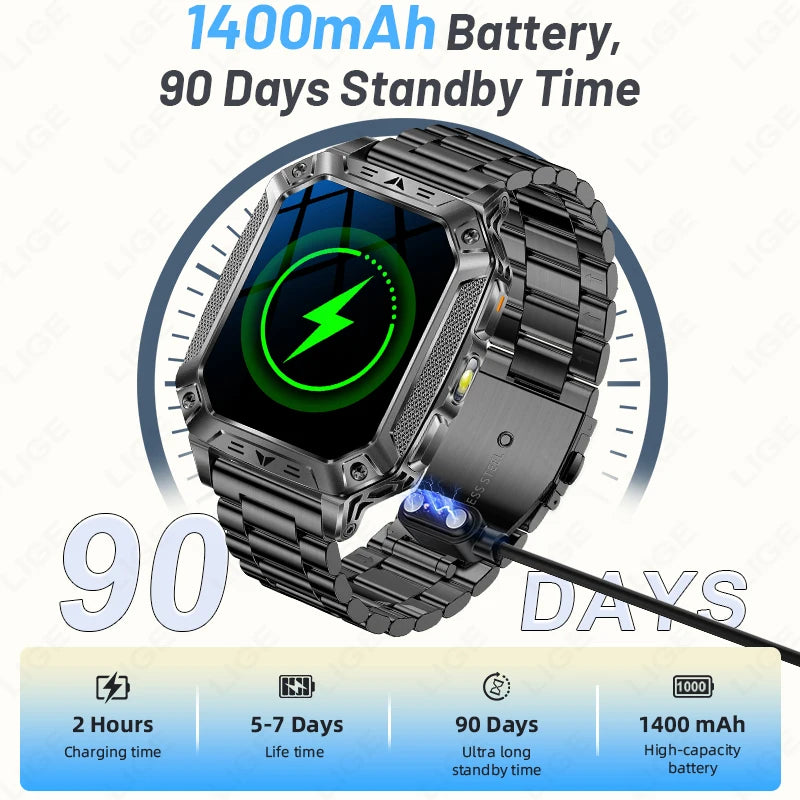 LIGE New Military 1400mAh Long Battery Llife Battery Smart Watch IP68 Waterproof Tactical Sports SOS & Flashlight Men Smartwatch