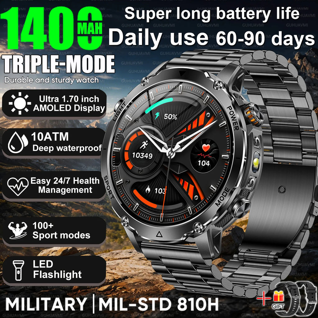 Newly Durable 1400mAh Large Battery Smart Watch Men 1.7" HD Screen IP68K Waterproof LED Flashlight Sports BT Call Smart Bracelet