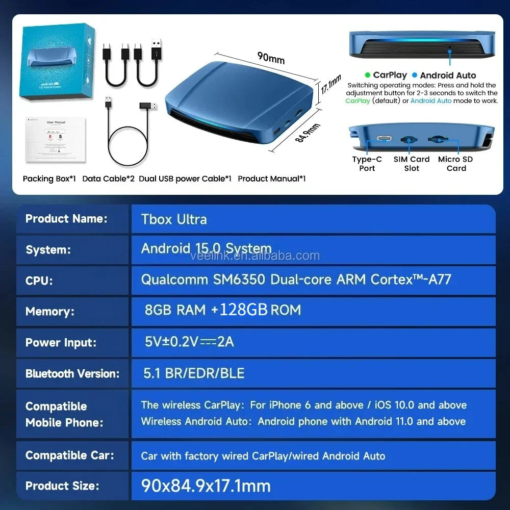 In stock carlinkit ultra Android 15 Tbox Carplay Ai Box 8g 256gb 5g 2.4g 2160p SM6350 Tv Car Play Aibox for Wireless Adapter