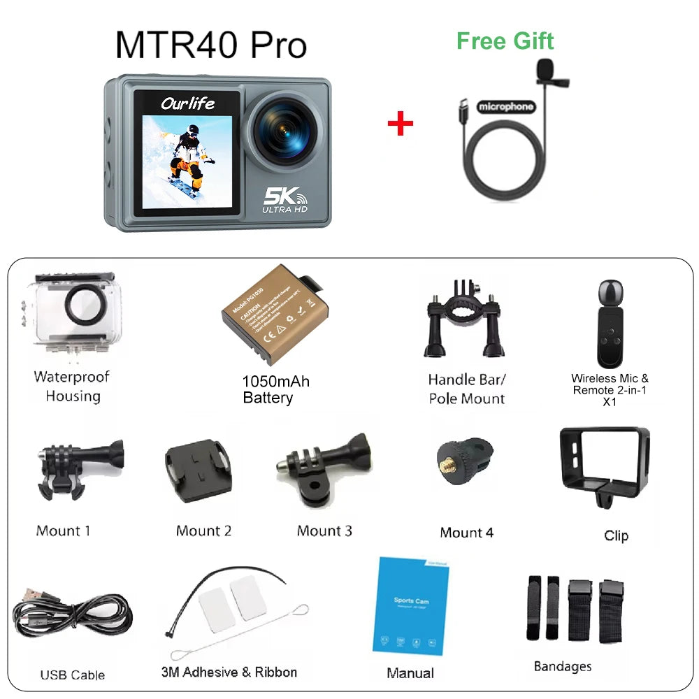 Ourlife MTR40 Pro 5K Action Camera 4K60FPS 2.0" Touch Screen 170° 30M Waterproof 5X Zoom WiFi Professional Helmet Sports Camera