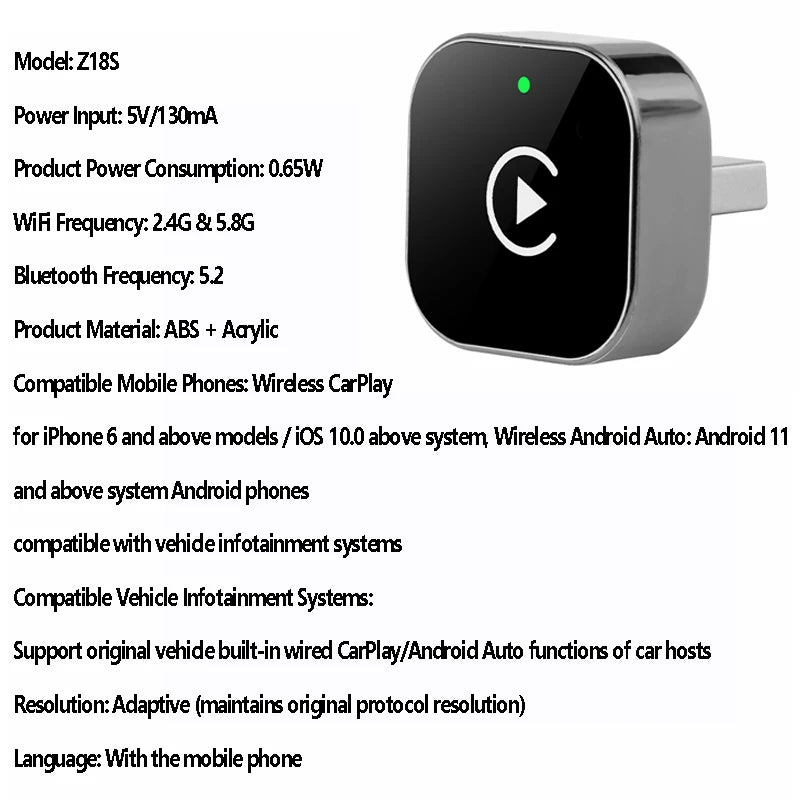 Vyvylabs Wireless CarPlay Adapter Fast Auto-Connect Mini Box USB Plug-and-play for iPhone 6 and Android 11 above with USB-A Port
