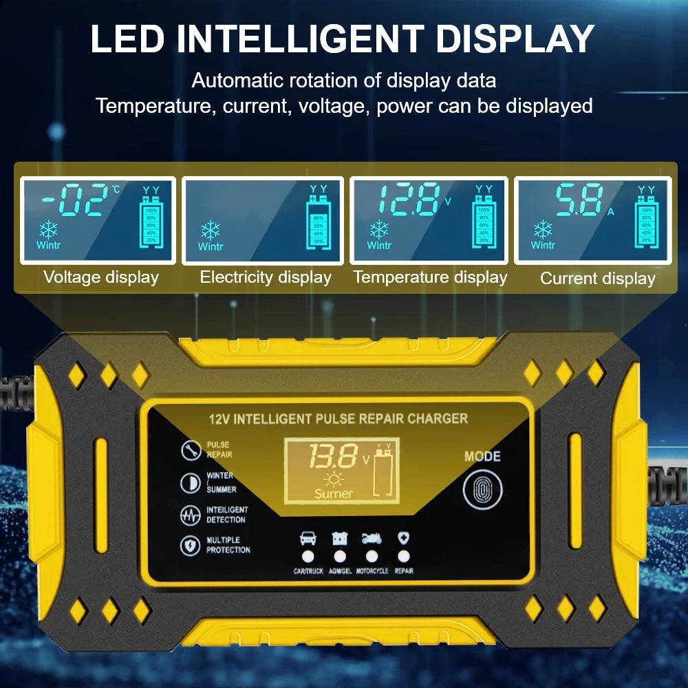 12V 6A 3 Stages Lead Acid AGM GEL Battery-chargers Motorcycle Battery Charger Car Accessories Intelligent Fast Charging