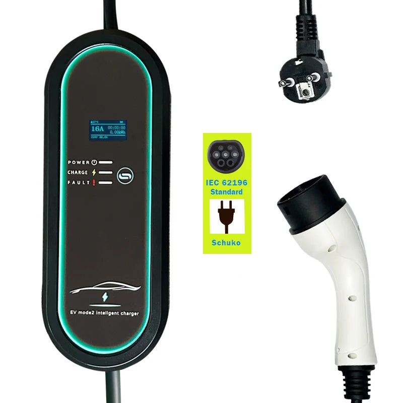 Portable Type 2 EV Charger 16A 220V 3KW-3.7KW with 5M TPE Cable EU Schuko Connector for Electric Car Home Charging