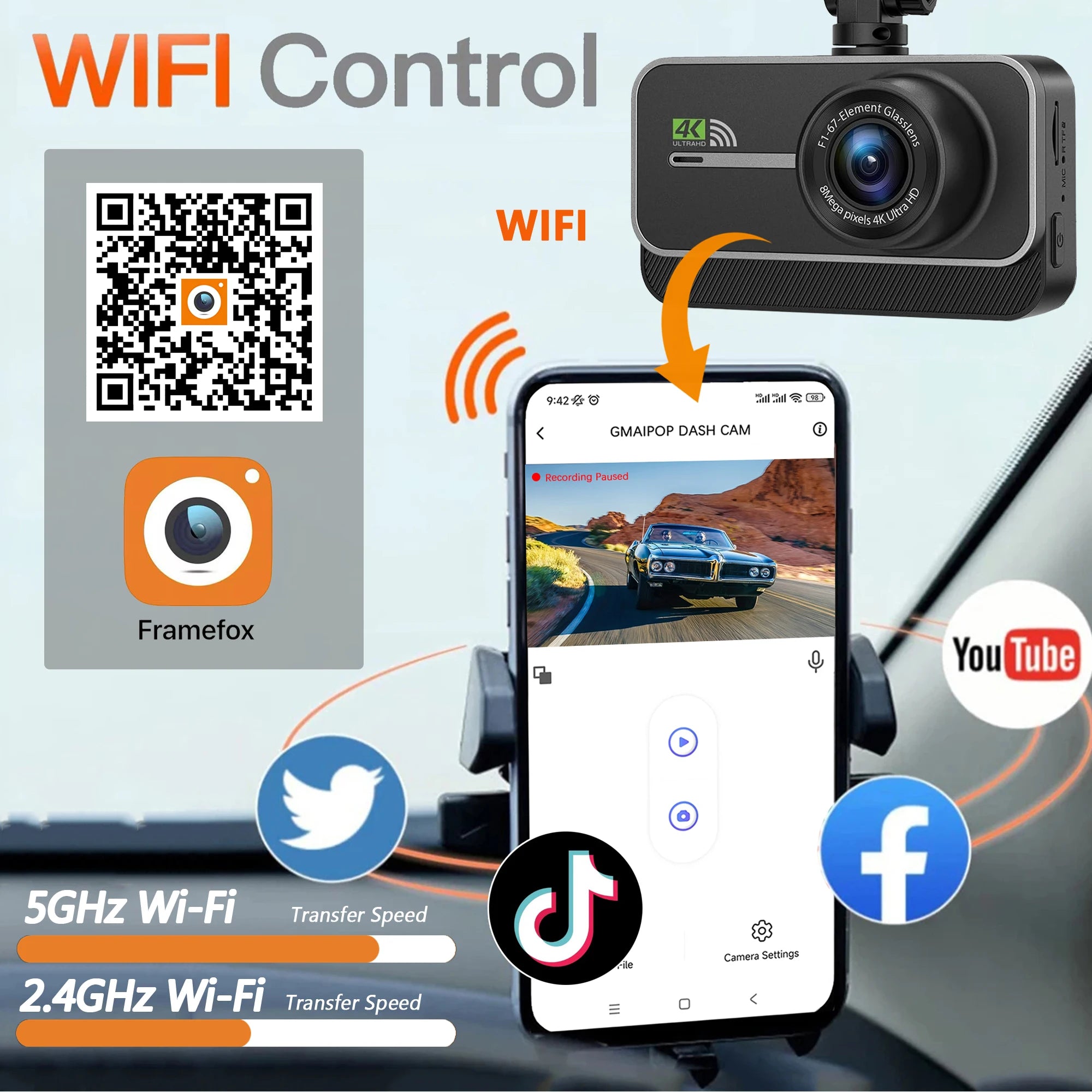 4K Dash Cam for Cars Car Camera Dash Cam WIFI Camera for Car Front and Rear Dash Camera Black Box 24H Parking Mode Recorder