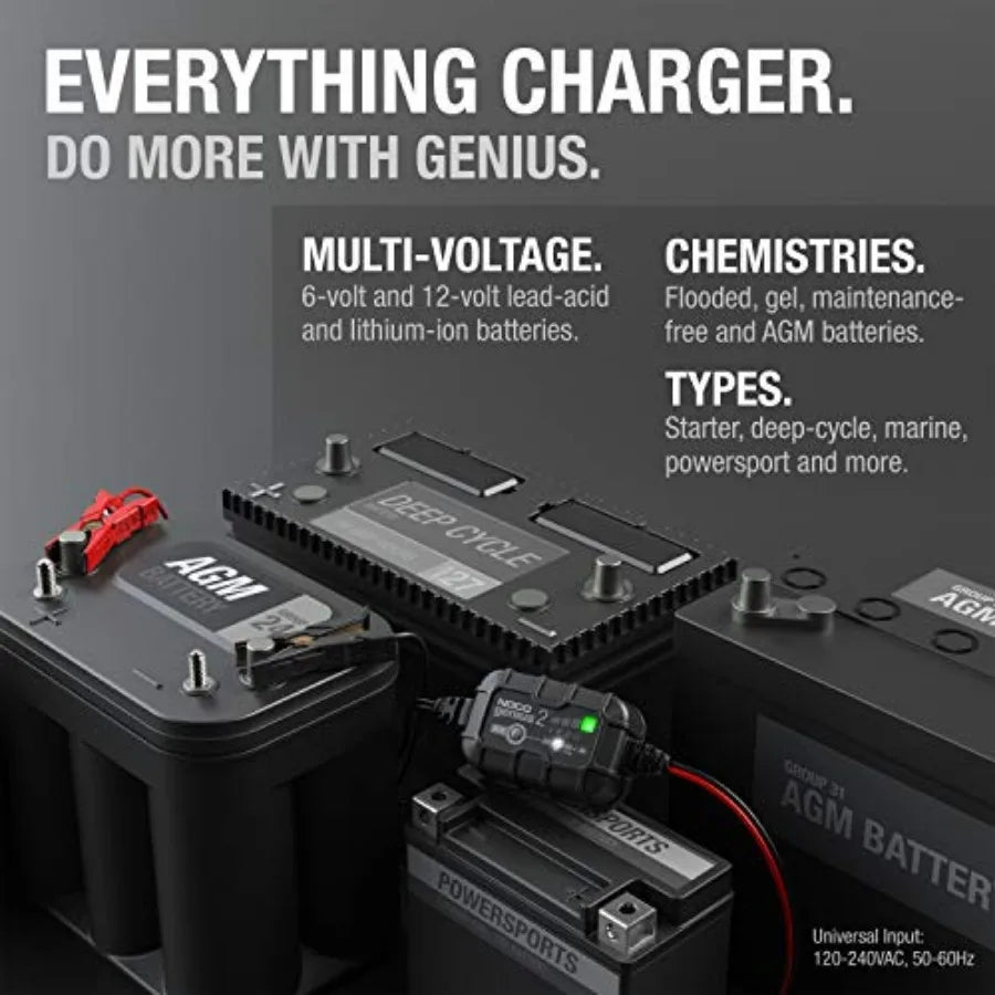 GENIUS2: 2A 6V/12V Smart Battery Charger Automatic Maintainer Trickle Charger and Desulfator with Overcharge Protection and Tem