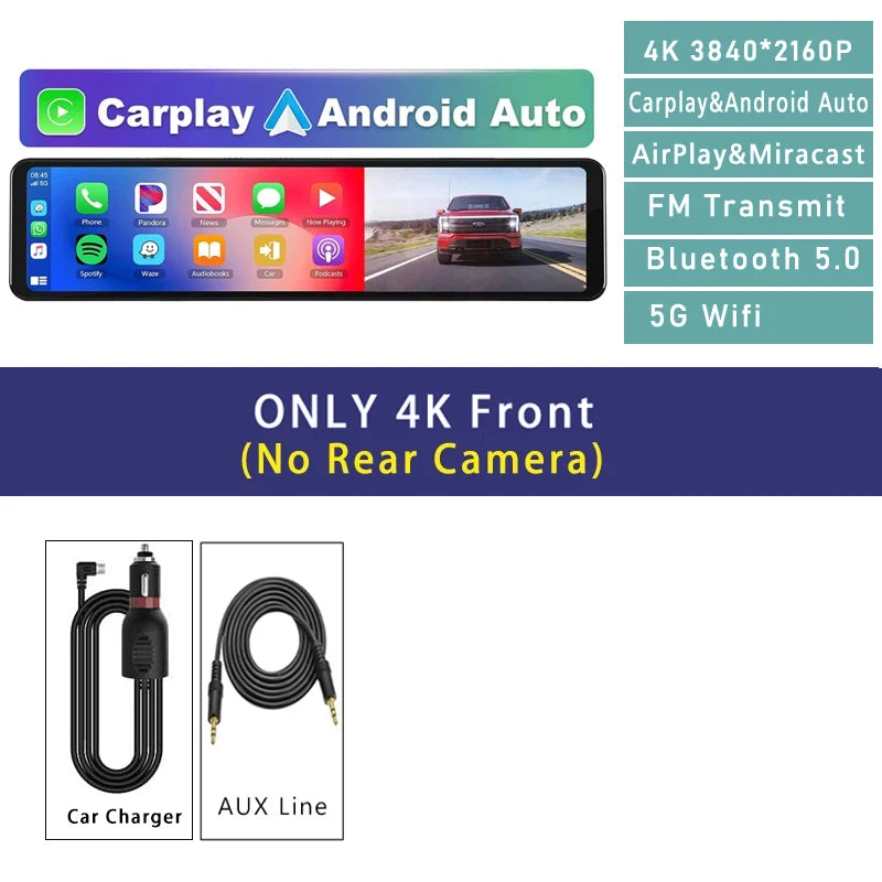 11.26" 4K 2160P Dash Cam Carplay Android Auto Car DVR Dual Lens Wifi GPS BT FM Video Drive Recorder Stream Mirror Dashcam Camera