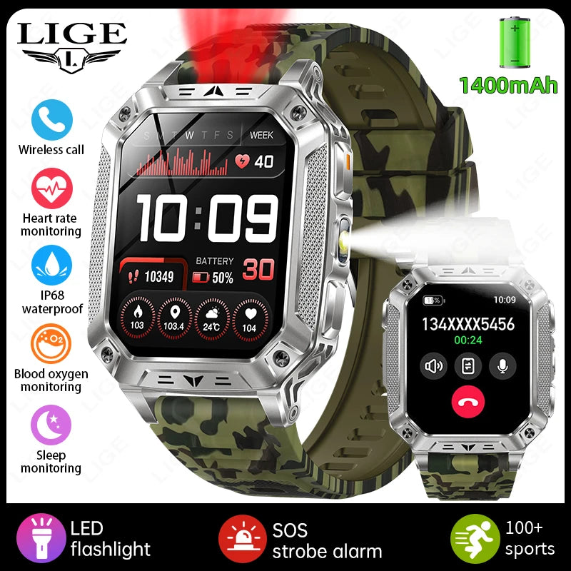 LIGE New Military 1400mAh Long Battery Llife Battery Smart Watch IP68 Waterproof Tactical Sports SOS & Flashlight Men Smartwatch