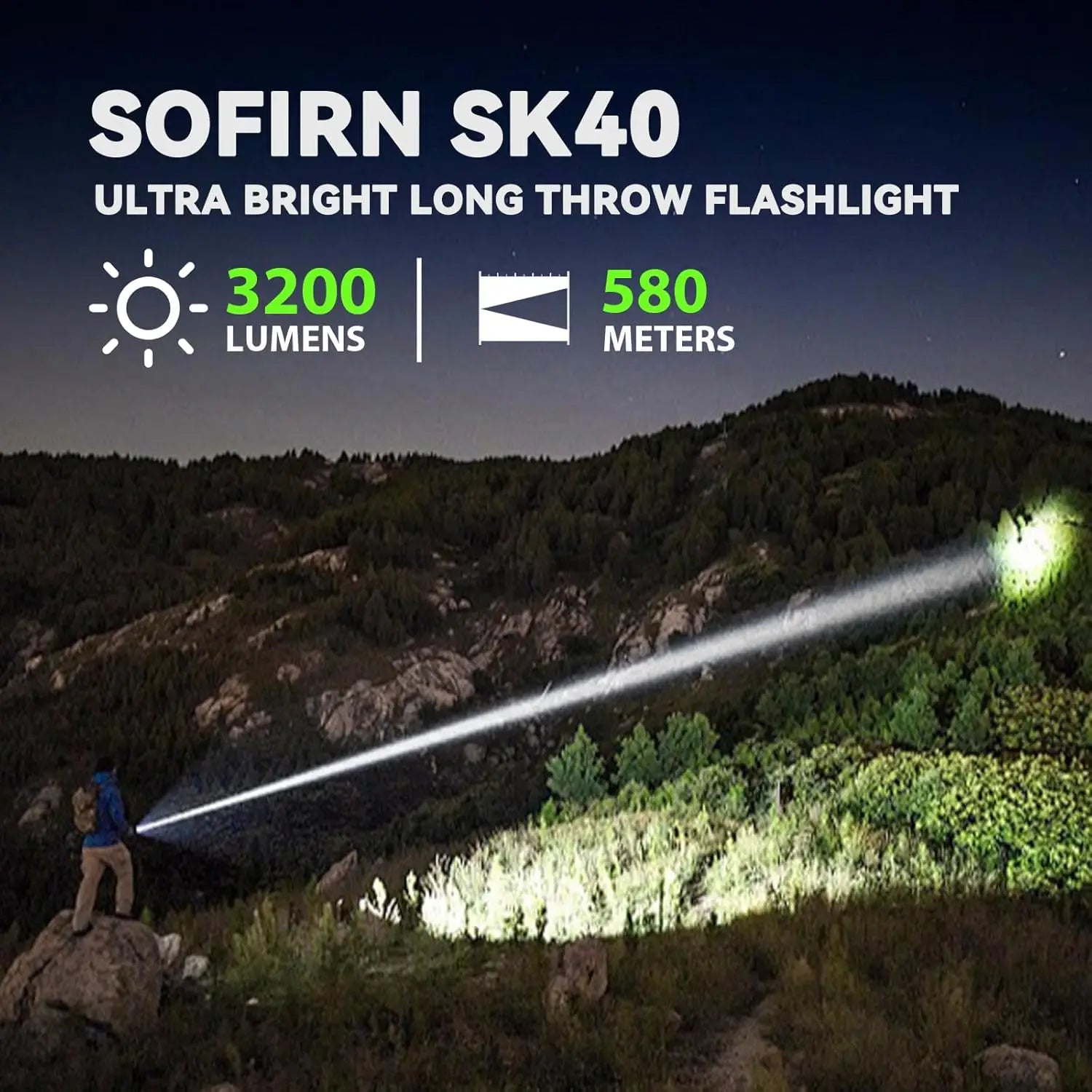 3200 Lumens Tactical Flashlight, USB-C Rechargeable EDC, 580m Long Throw, Dual Switches for Outdoor Camping Hiking