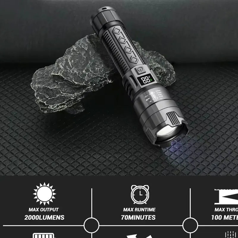 High Strong Power Led Flashlights 2000LM Tactical Torch with Display Light USB Charging Camping Fishing Emergency Zoom Lantern