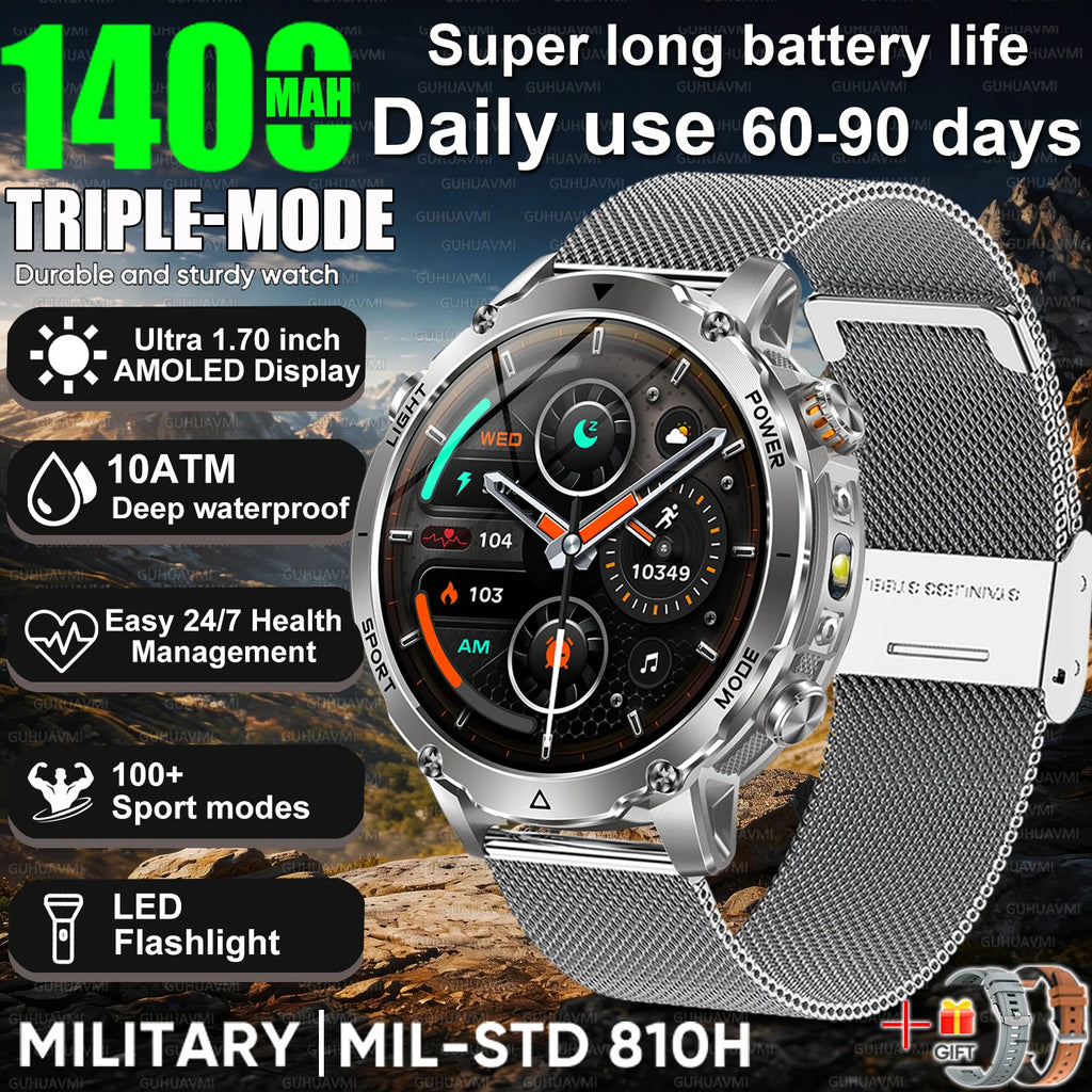 Newly Durable 1400mAh Large Battery Smart Watch Men 1.7" HD Screen IP68K Waterproof LED Flashlight Sports BT Call Smart Bracelet