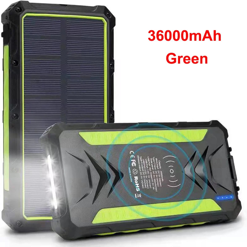 36000mAh Solar Power Bank Fast Wireless Charger Powerbank for iPhone 16 15 Samsung S24 Huawei Xiaomi 3A Fast Charging Powerbank