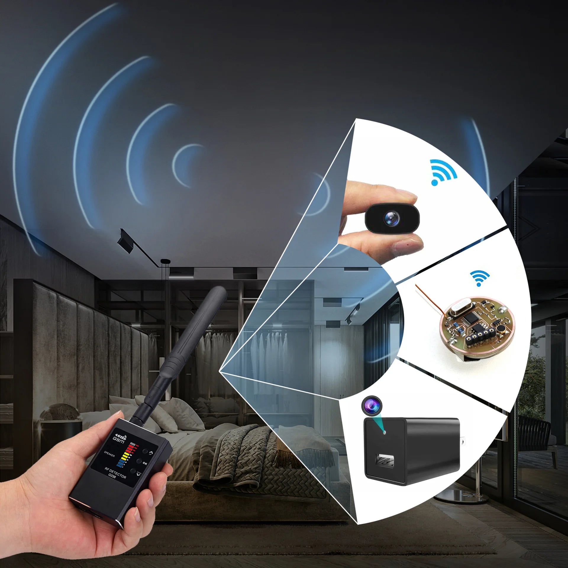 anti spy gadgets Tri-Antenna RF Detector G338 1MHz-8GHz for Business Security, Anti-Tracking Privacy Protection, Vibration Alarm