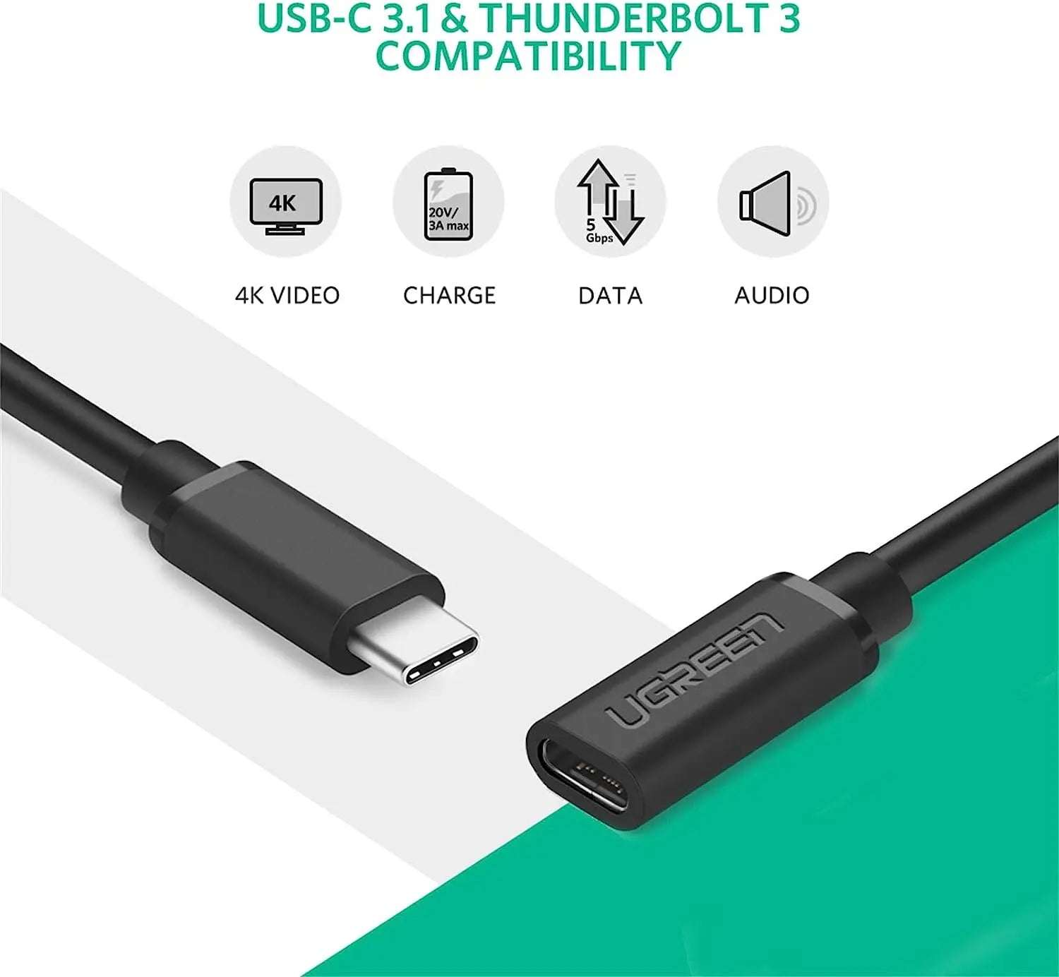 UGREEN USB 3.2 GEN2 Type C Extension Cable 10Gbps High-speed Data Transmission Type C Male to Female 100W Fast Charging Cable