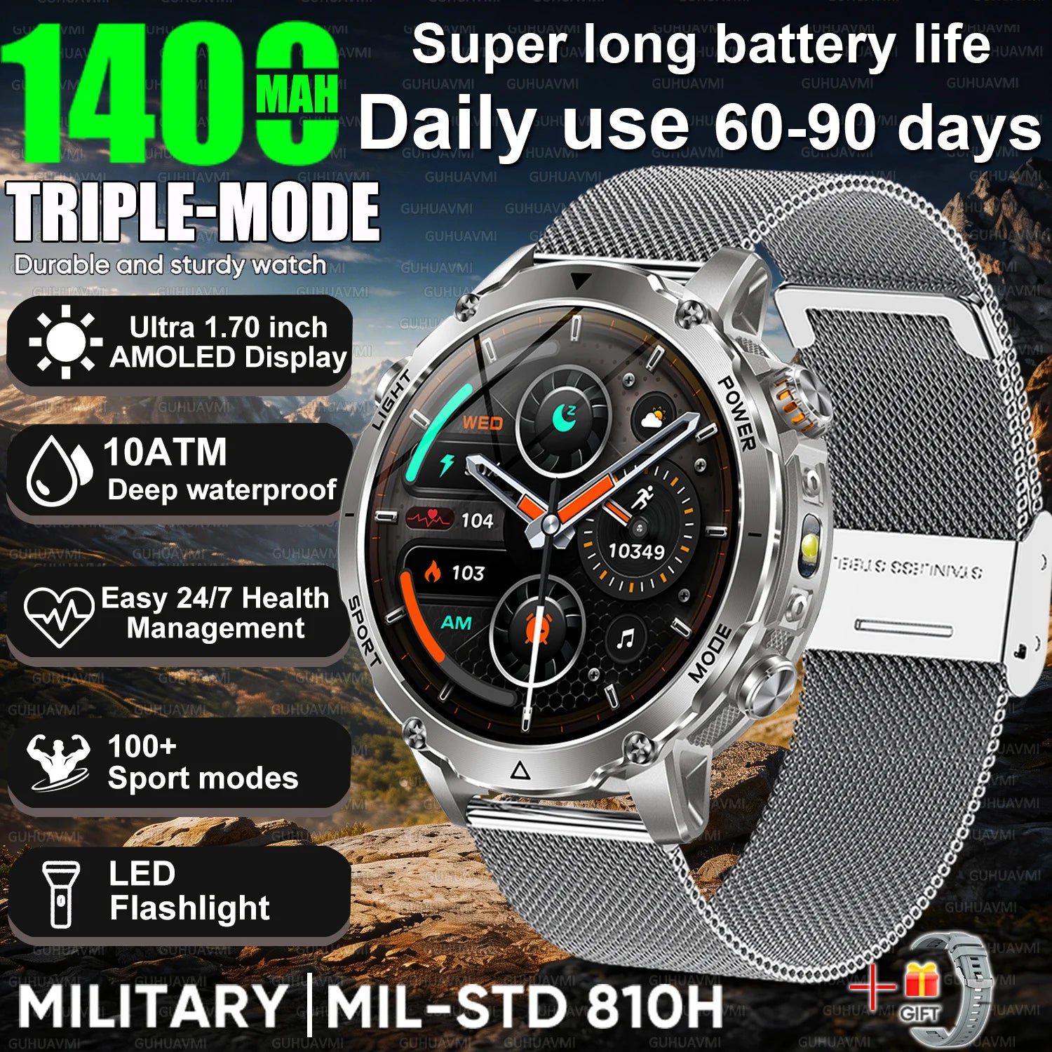 Newly Durable 1400mAh Large Battery Smart Watch Men 1.7" HD Screen IP68K Waterproof LED Flashlight Sports BT Call Smart Bracelet