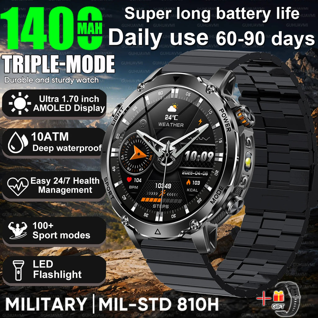 Newly Durable 1400mAh Large Battery Smart Watch Men 1.7" HD Screen IP68K Waterproof LED Flashlight Sports BT Call Smart Bracelet