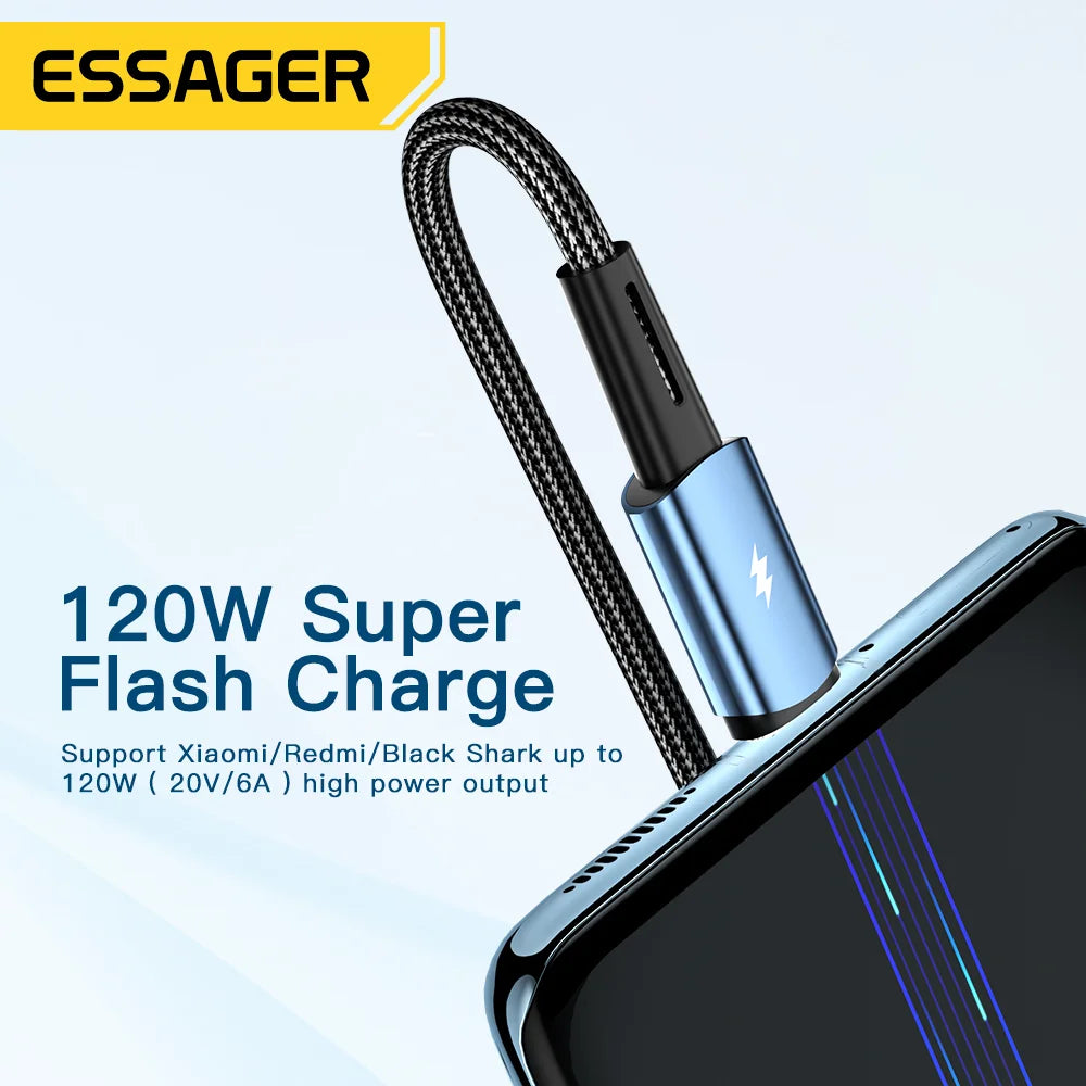 2m Long Essager 120W USB A to Type C Cable Super Fast Charge 6A For Xiaomi 12Pro Redmi K50 Note 11Pro for iPhone 16 pro max 15