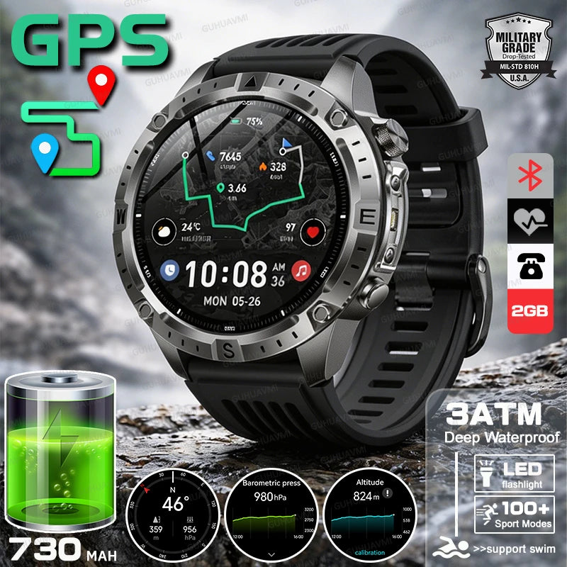 2026New Outdoor Military GPS Navigation Men SmartWatch Offline Map 2GB RAM 730 mAh Compass Flashlight 1.43" AMOLED HD Call Watch