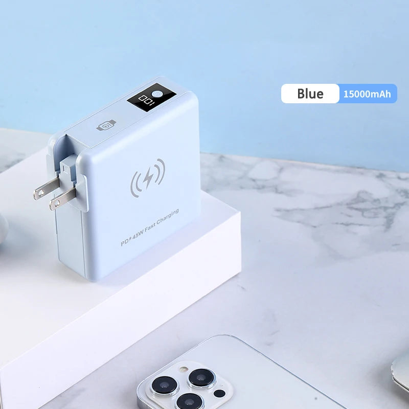 15000mAh Magsafe Power Bank with AC Plug Wall Charger Magnetic Wireless PD45W Fast Charger for iPhone 16 iWatch Laptop Powerbank