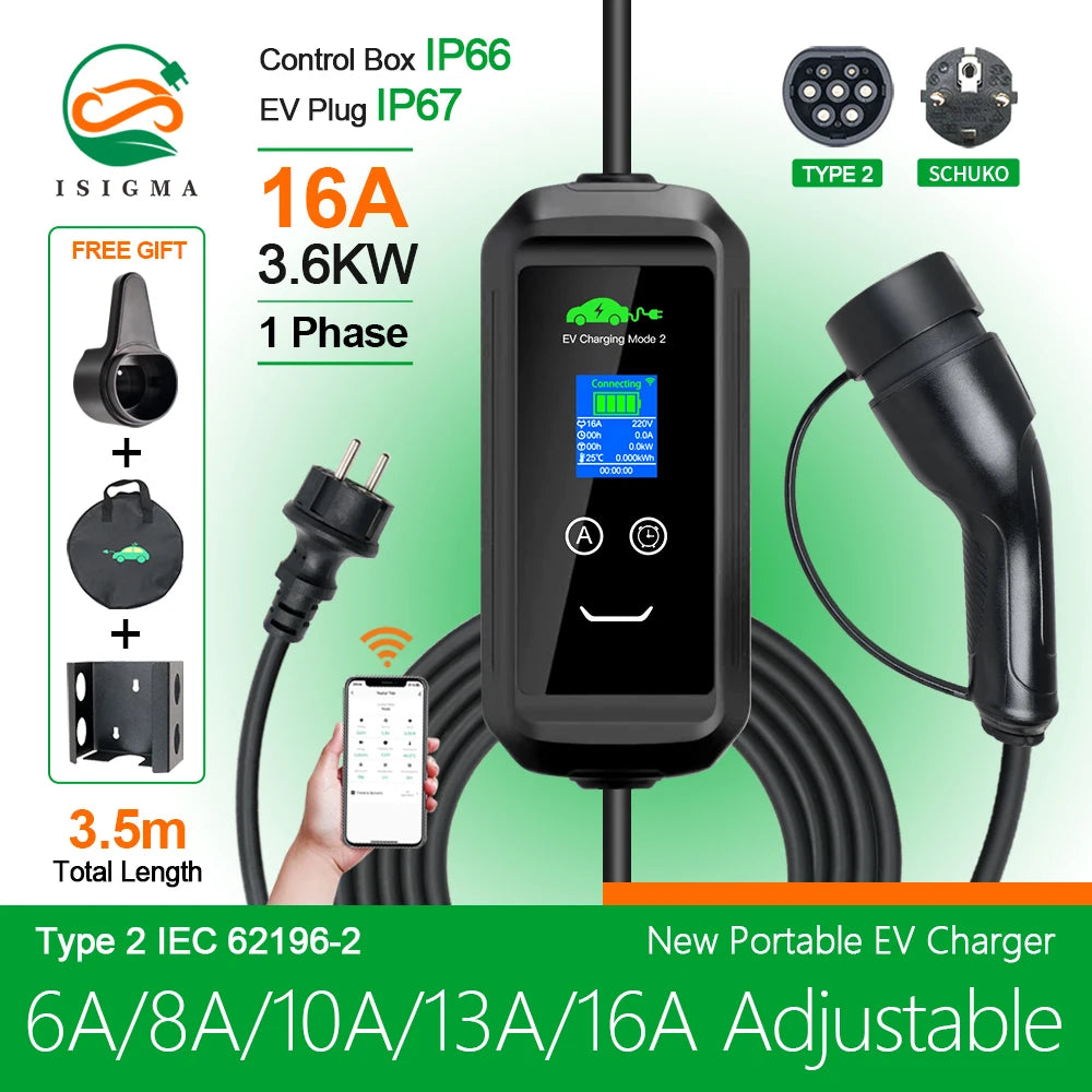 ISIGMA Type 1 Type 2 EV Charger Charging Box Electric for Electric Car Tuya APP 6A-16A 3.5M 1 phase EVSE Charging Cable Mode 2