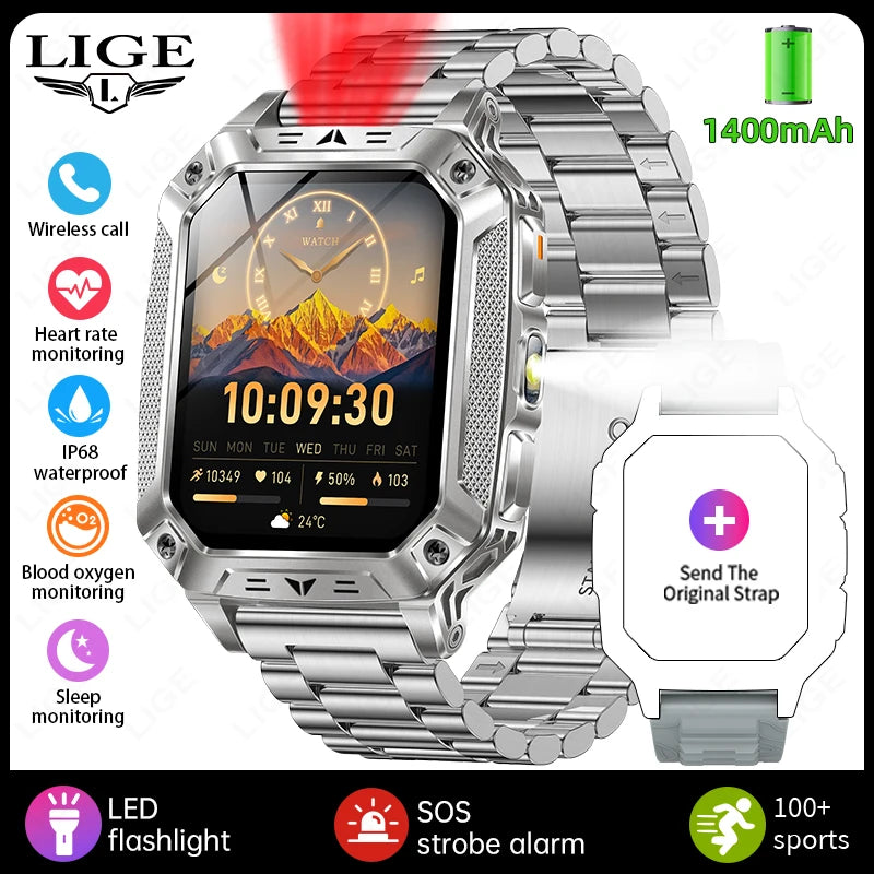 LIGE New Military 1400mAh Long Battery Llife Battery Smart Watch IP68 Waterproof Tactical Sports SOS & Flashlight Men Smartwatch