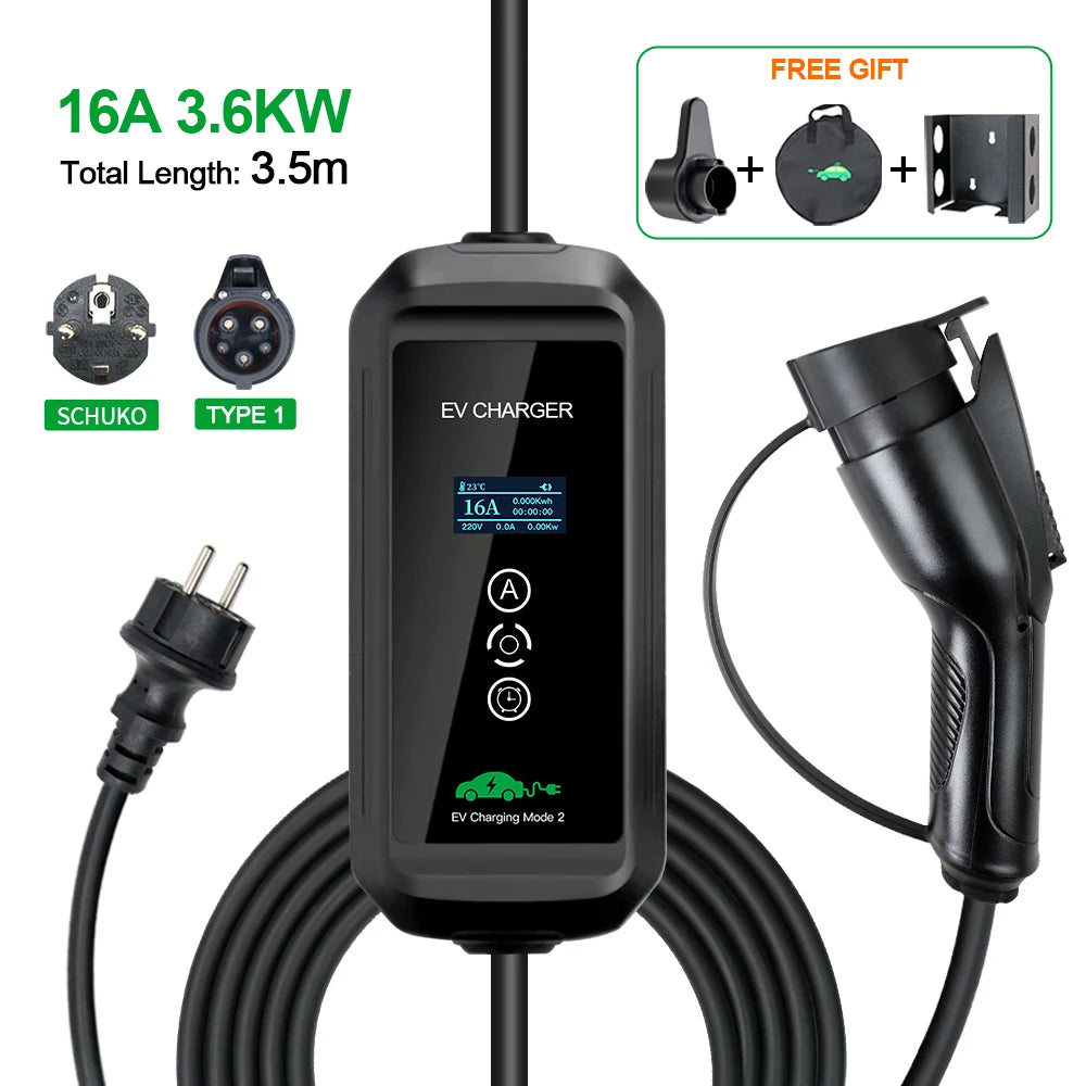 ISIGMA Type 1 Type 2 EV Charger Charging Box Electric for Electric Car Tuya APP 6A-16A 3.5M 1 phase EVSE Charging Cable Mode 2