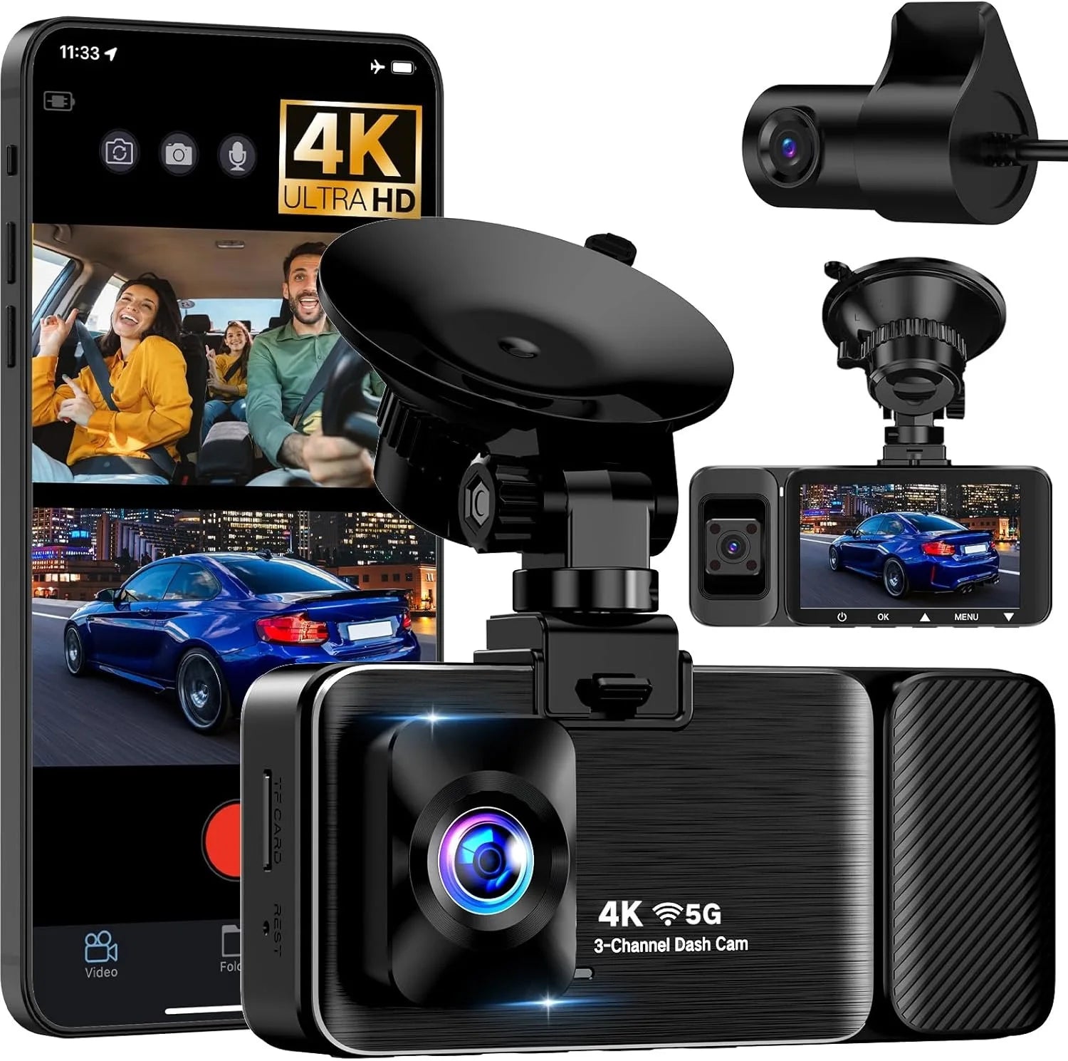 LanYuXuan High-Definition 3-Inch IPS Private Mold Dashcam for Cars 2.5K + 1080P + 1080P 5G WiFi GPS 3-Lens Mobile Phone Connecti