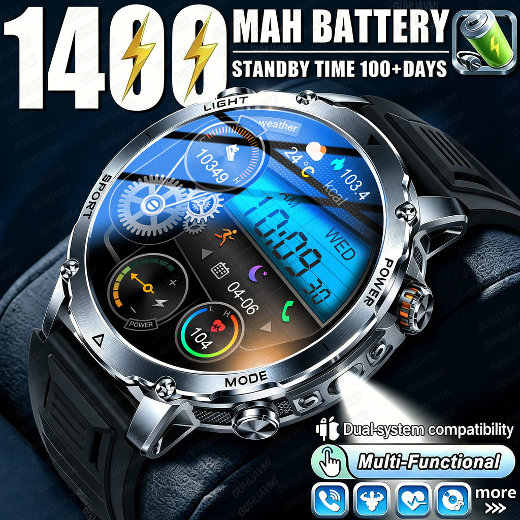 Newly Durable 1400mAh Large Battery Smart Watch Men 1.7" HD Screen IP68K Waterproof LED Flashlight Sports BT Call Smart Bracelet
