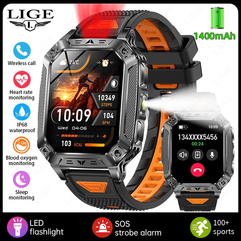 LIGE New Military 1400mAh Long Battery Llife Battery Smart Watch IP68 Waterproof Tactical Sports SOS & Flashlight Men Smartwatch