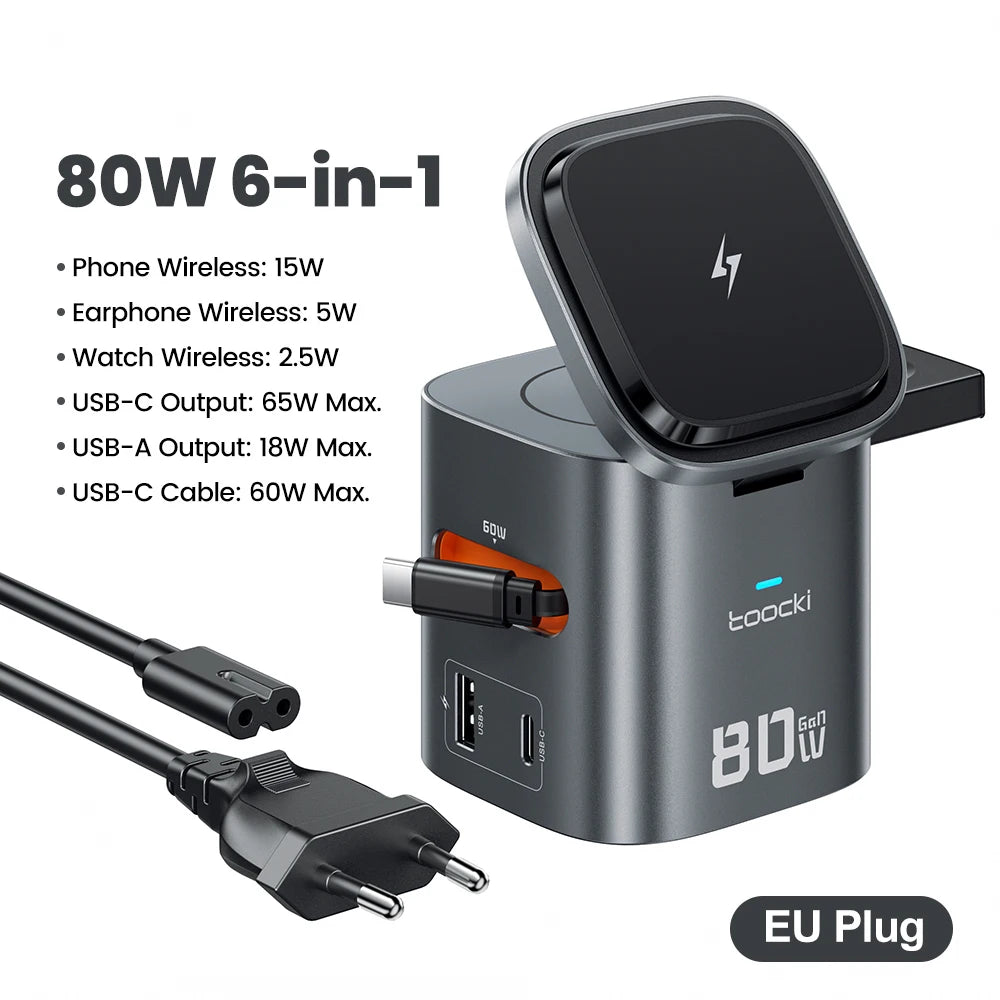 Toocki 80W 6-in-1 GaN Charging Station Type C PD 65W Retractable Fast Charger Wireless Adapter For iPhone 16 17 iWatch AirPods