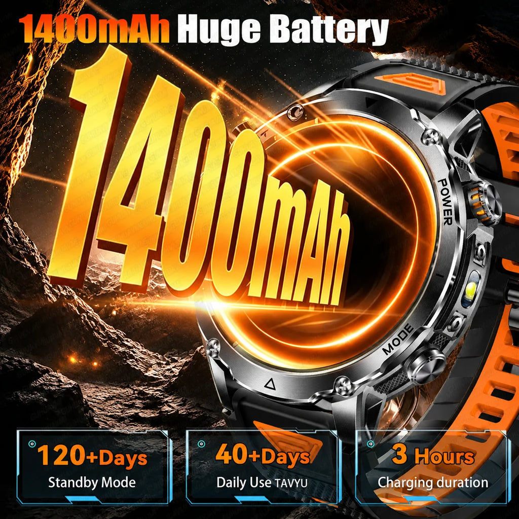 Newly Durable 1400mAh Large Battery Smart Watch Men 1.7" HD Screen IP68K Waterproof LED Flashlight Sports BT Call Smart Bracelet