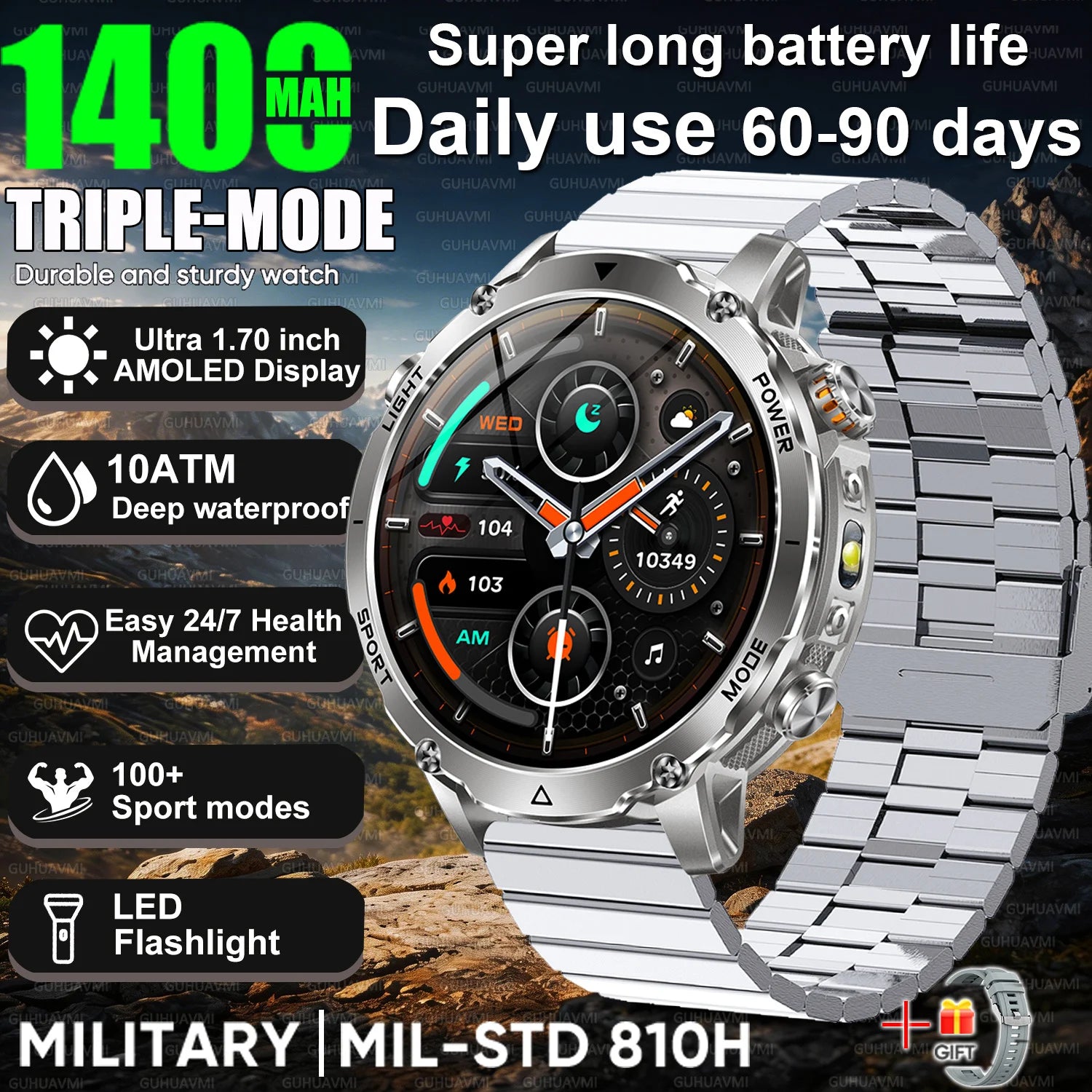 Newly Durable 1400mAh Large Battery Smart Watch Men 1.7" HD Screen IP68K Waterproof LED Flashlight Sports BT Call Smart Bracelet