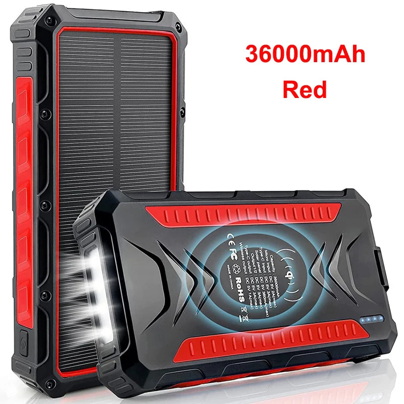 36000mAh Solar Power Bank Fast Wireless Charger Powerbank for iPhone 16 15 Samsung S24 Huawei Xiaomi 3A Fast Charging Powerbank