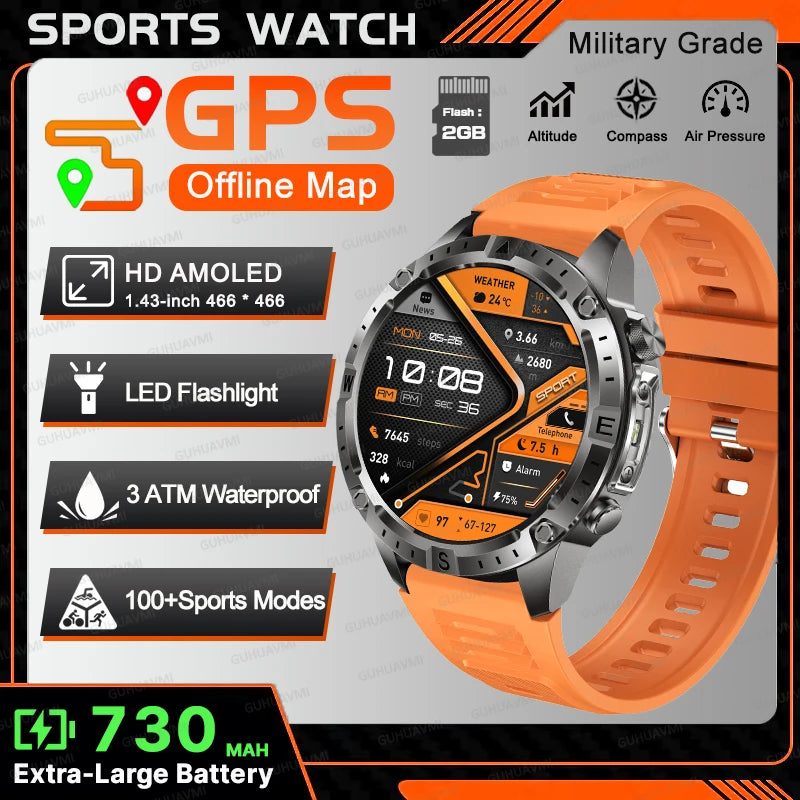 2026New Outdoor Military GPS Navigation Men SmartWatch Offline Map 2GB RAM 730 mAh Compass Flashlight 1.43" AMOLED HD Call Watch
