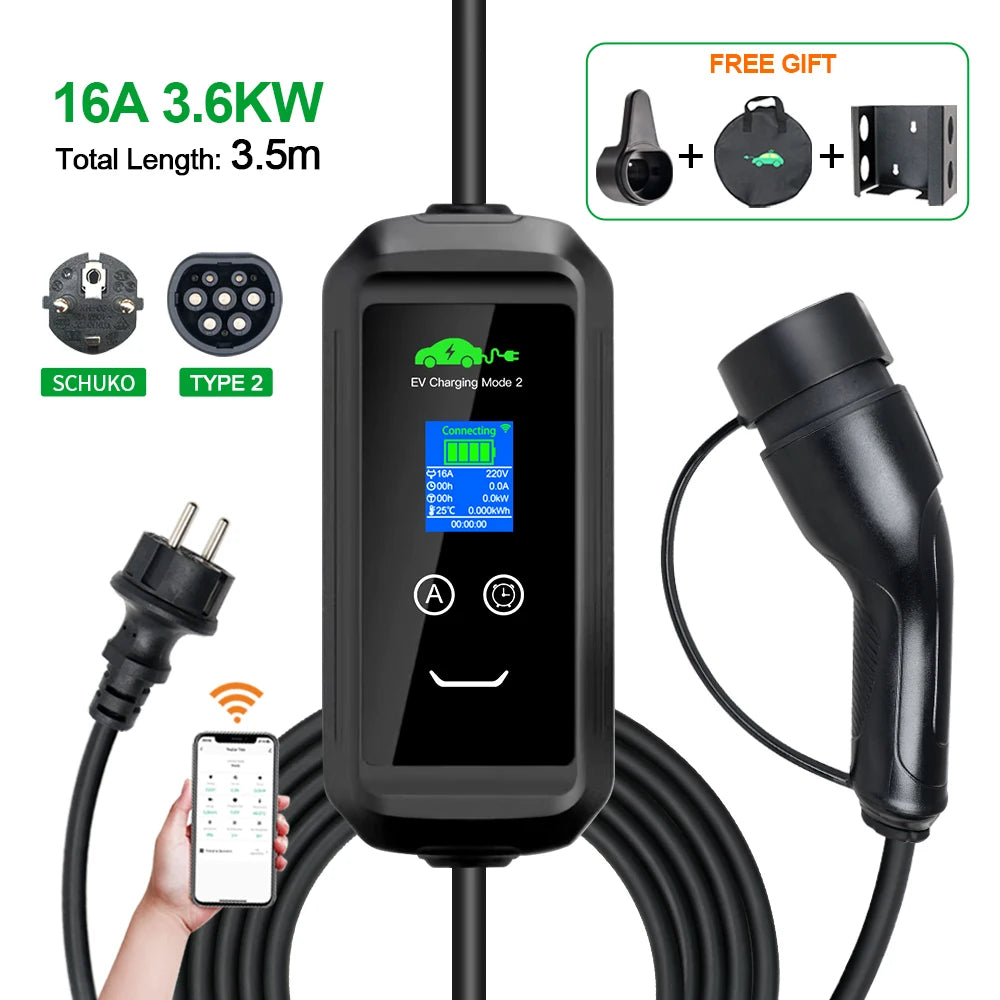 ISIGMA Type 1 Type 2 EV Charger Charging Box Electric for Electric Car Tuya APP 6A-16A 3.5M 1 phase EVSE Charging Cable Mode 2