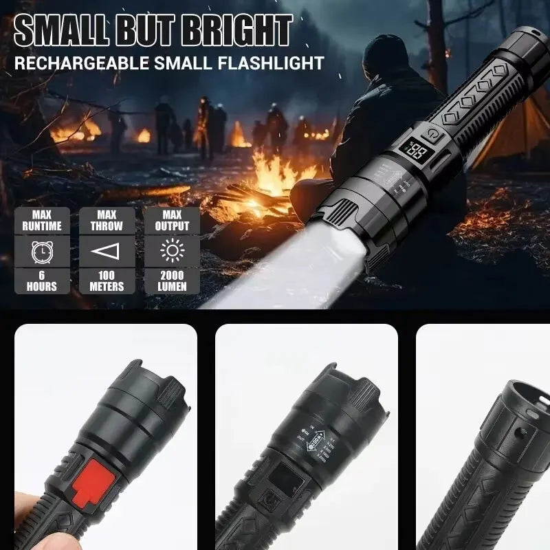 High Strong Power Led Flashlights 2000LM Tactical Torch with Display Light USB Charging Camping Fishing Emergency Zoom Lantern