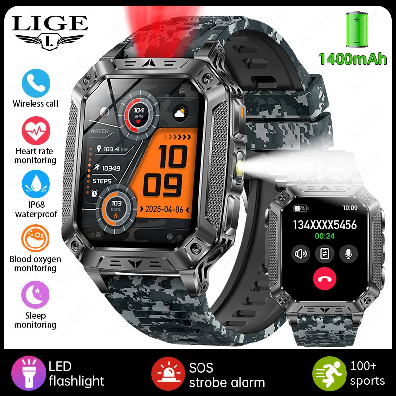 LIGE New Military 1400mAh Long Battery Llife Battery Smart Watch IP68 Waterproof Tactical Sports SOS & Flashlight Men Smartwatch