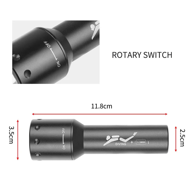 New T6 LED Diving Torch Long-Range Underwater Work Photography Lighting Aluminum Rotating Switch Diving Lamp