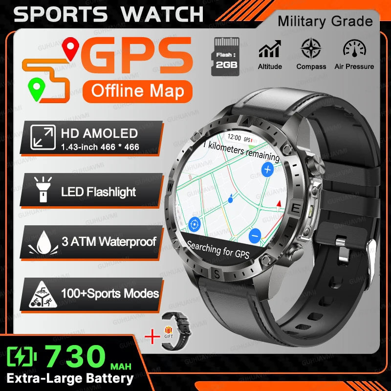 2026New Outdoor Military GPS Navigation Men SmartWatch Offline Map 2GB RAM 730 mAh Compass Flashlight 1.43" AMOLED HD Call Watch