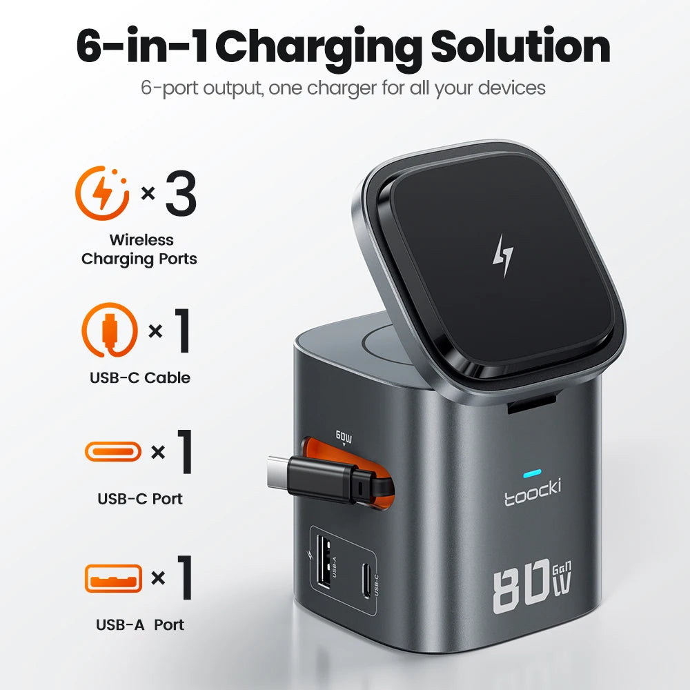 Toocki 80W 6-in-1 GaN Charging Station Type C PD 65W Retractable Fast Charger Wireless Adapter For iPhone 16 17 iWatch AirPods