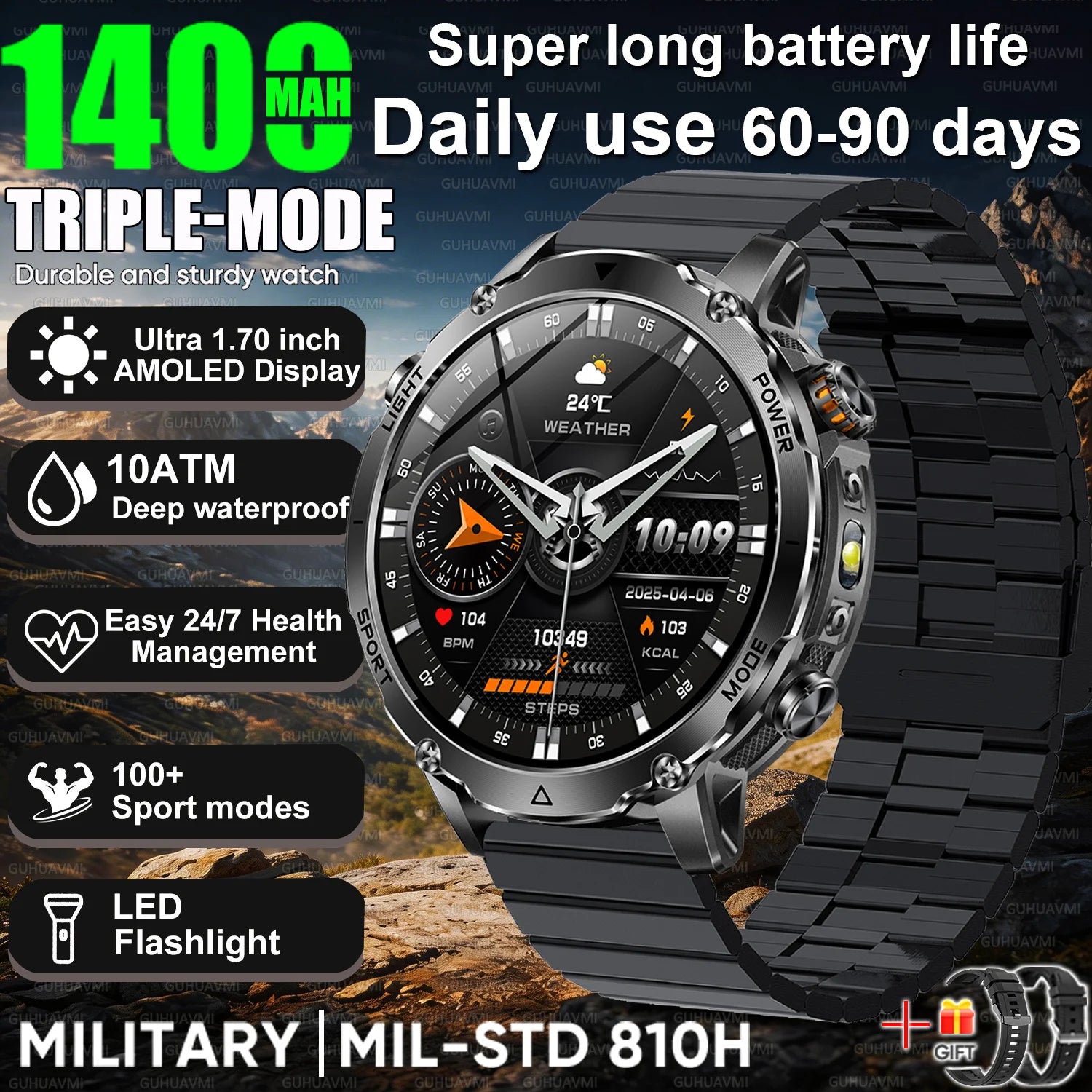 Newly Durable 1400mAh Large Battery Smart Watch Men 1.7" HD Screen IP68K Waterproof LED Flashlight Sports BT Call Smart Bracelet