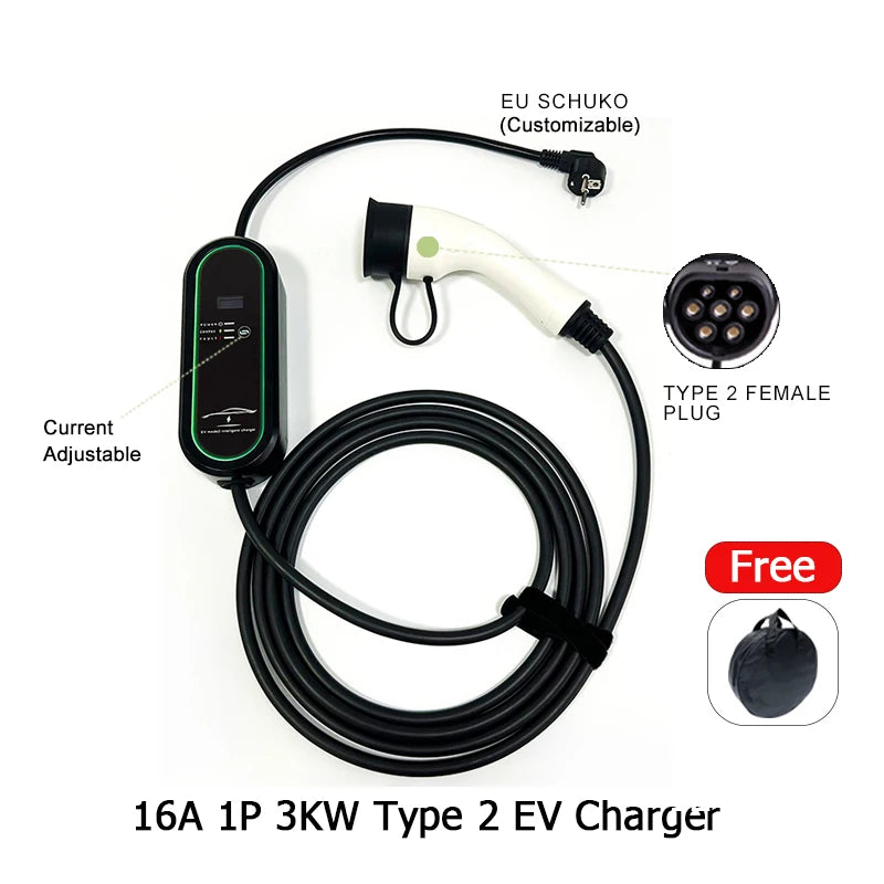 Portable Type 2 EV Charger 16A 220V 3KW-3.7KW with 5M TPE Cable EU Schuko Connector for Electric Car Home Charging
