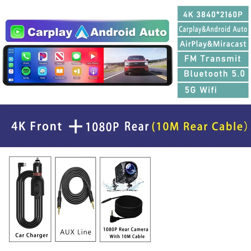 11.26" 4K 2160P Dash Cam Carplay Android Auto Car DVR Dual Lens Wifi GPS BT FM Video Drive Recorder Stream Mirror Dashcam Camera
